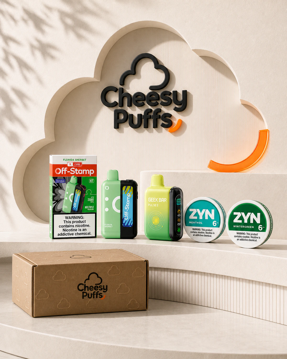 Cheesy Puffs member shelf with Off-Stamp, Geek Bar, and ZYN products